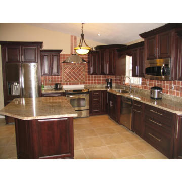 Island Style Dark Brown Wood Kitchen Cabinet with Granite Countertops